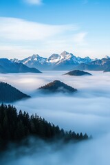 Dreamy View of Snow-Capped Mountains Emerging Above Dense Fog in Icy Landscape