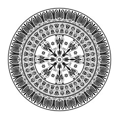 Vector monochrome classic Greek round porcelain ornament plate. Circle plate of Ancient Greece, Roman Empire. Byzantine painting. For decoration of European palace, ceramic, textile, embroidery, plate