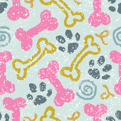 Colorful doodle paw prints and bone seamless pattern for textile design