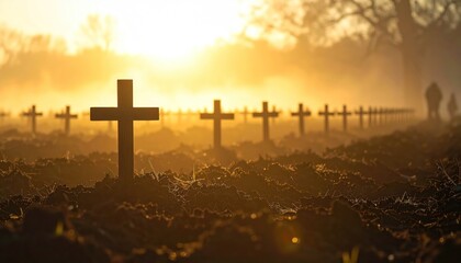 War Cemetery at Sunrise — Row of Wooden Crosses in Misty Field Symbolizing Loss, Mourning, and the Cost of Conflict