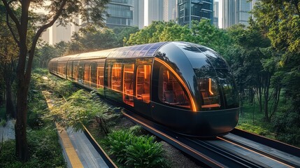 Fototapeta premium Eco-friendly urban transportation using clean energy, solar-powered buses and electric trains 