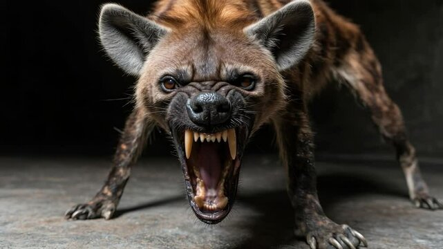 Spotted hyena with open mouth, aggressive expression.
