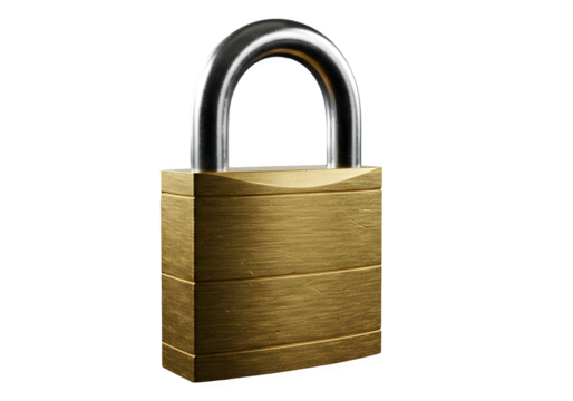 A shiny brass padlock with a steel shackle, highly detailed and realistic security lock isolated on transparent background.
