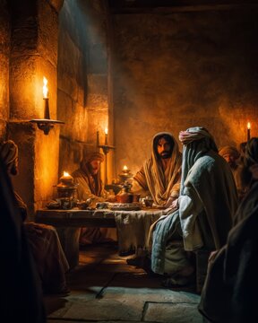 One of the chief priests handing a small pouch of silver coins to Judas Iscariot.