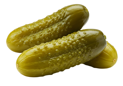 Two fresh pickled cucumbers with a glossy texture, detailed bumps, and vibrant green color isolated on transparent background.
