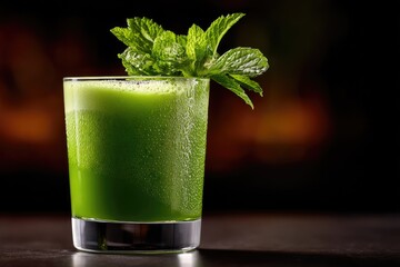 Close-up view of a vibrant green cocktail drink.