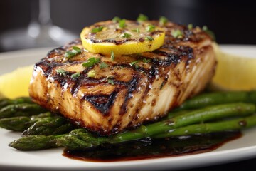Grilled fish fillet with asparagus and lemon garnish.