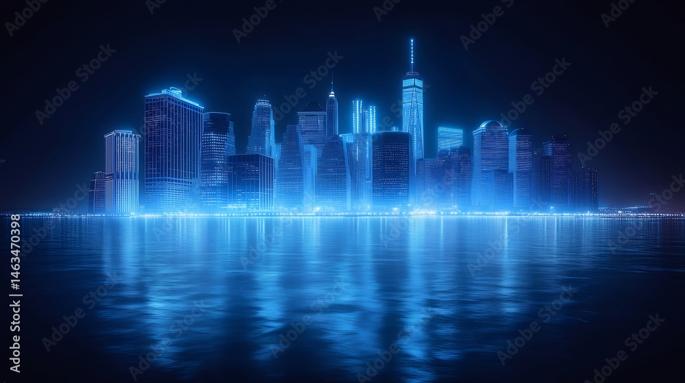 Poster 青いライトで照らされた近代的な都市のスカイラインは水面に反射する夜景