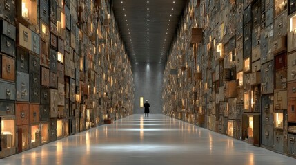 Fototapeta premium A person standing in a long corridor of illuminated drawers interior design architecture mys