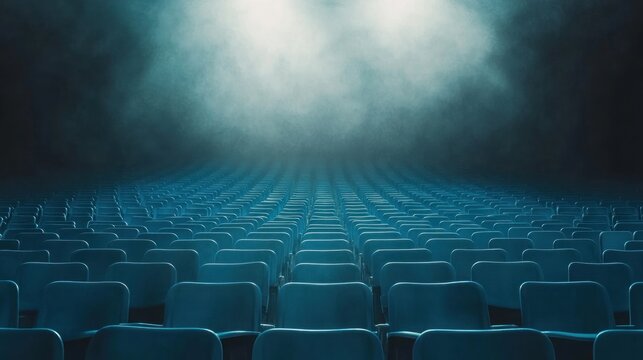 Empty theater seats blue auditorium hazy stage light performance venue anticipation concept
