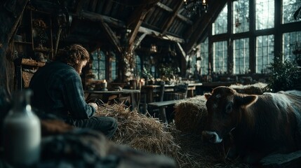 A rustic barn scene featuring a person and a cow surrounded by hay and vintage decor