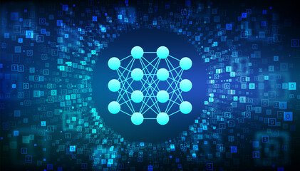Neural network. AI. Artificial Intelligence. Machine Learning. Deep learning. Big data analysis technology. Binary code data flow. Virtual tunnel warp made with digital code. Vector illustration.