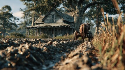 A rustic wooden cabin nestled in a serene forest with a horsedrawn cart on a gravel path lead