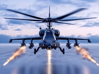 Military helicopter in flight, firing missiles
