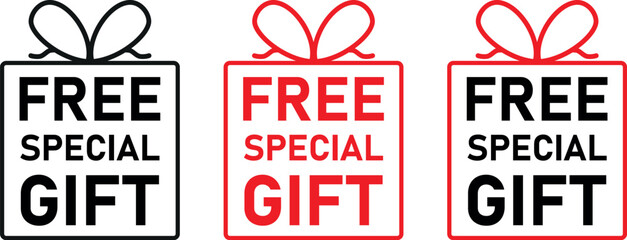 set of free special gift labels in red and black with gift box outline and bow, used for offers, promotions, and packaging designs	