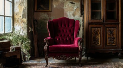 Red velvet armchair with ornate detailing