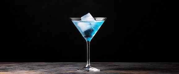 Elegant martini glass filled with blue cocktail & ice, against dark background. Perfect for upscale events