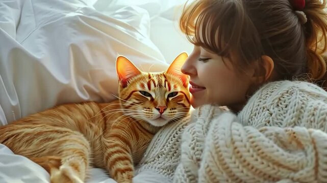 A contented woman is snuggling with a ginger cat in a cozy bed, creating a heartwarming scene of love, comfort, and peaceful relaxation, conveying the special bond between a pet and its owner.