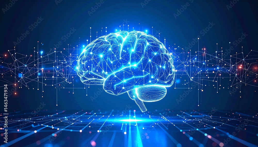 Poster a digital illustration of a glowing brain connected to a network of data points, representing artifi