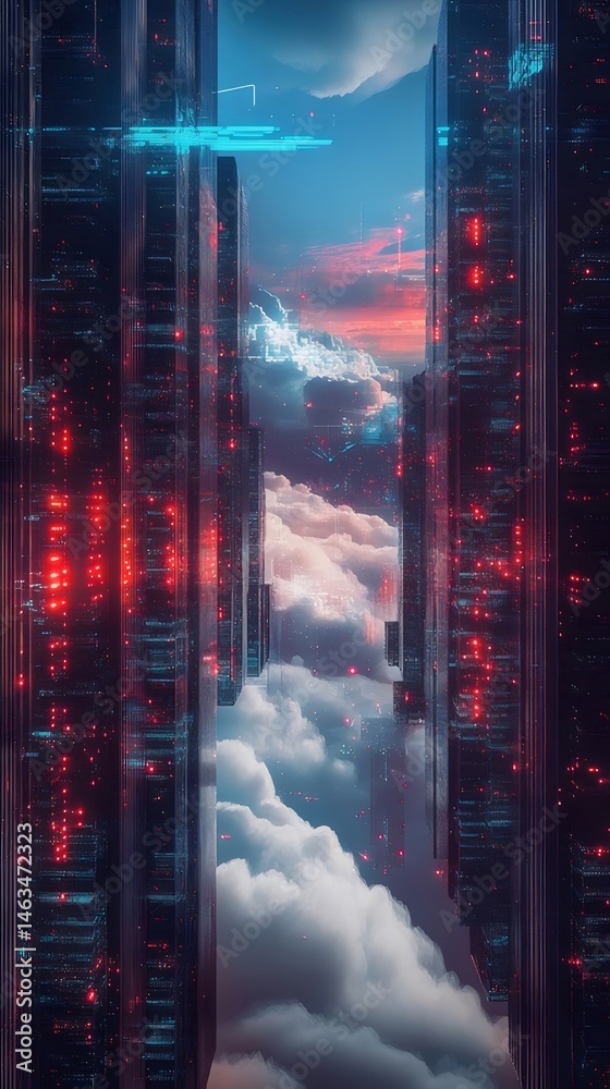 Poster 赤いアクセントと雲の上の未来的な都市の風景青い空の下にそびえ立つ高層ビル群のパノラマの眺め