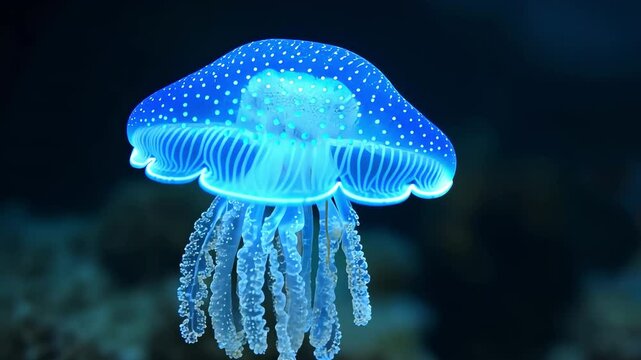 Captivating macro video showcasing the intricate details of a blue button jellyfish (porpita porpita) as it gracefully floats in the ocean, revealing its vibrant colors and delicate structure.