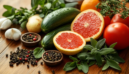Fresh Vegetables and Grapefruit on Wooden Table