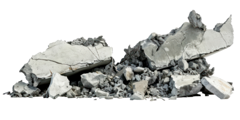 Concrete fragments of a destroyed building isolate on transparent background