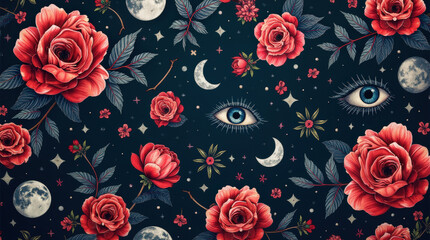 Seamless pattern with red roses celestial elements and eyes