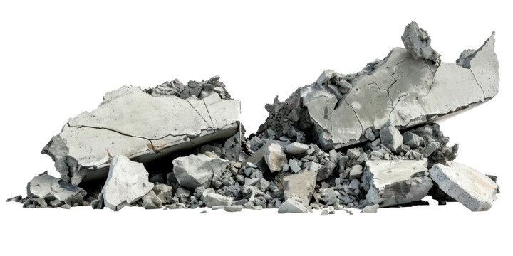 Concrete fragments of a destroyed building isolate on transparent background