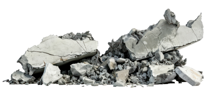 Concrete fragments of a destroyed building isolate on transparent background