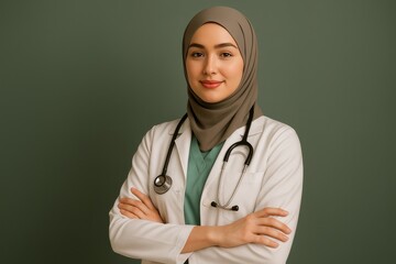 Confident Malay Muslim doctor in hijab with stethoscope and lab coat