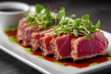 Freshly sliced tuna with vibrant garnishes on a platter.