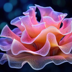 Close up of a vibrant coral like structure with pink, orange, and red hues, exhibiting a delicate, textured surface and intricate, ruffled form