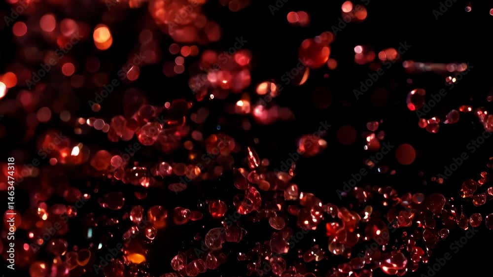 Poster Dynamic drops of red glitter in black oil or ink diffusing through liquid, creating an abstract aquatic swirls