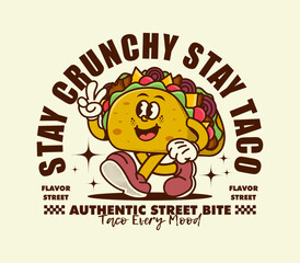 stay crunchy slogan with retro taco cartoon character, fun and colorful Mexican food vector illustration perfect for poster, t shirt design, apparel print, sticker, and more