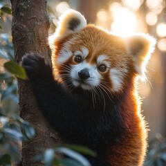 Obraz premium Adorable red panda clinging to a tree trunk in sunlit forest