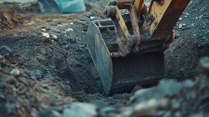 Fototapeta premium Excavator Bucket Digging into Soil at Construction Site