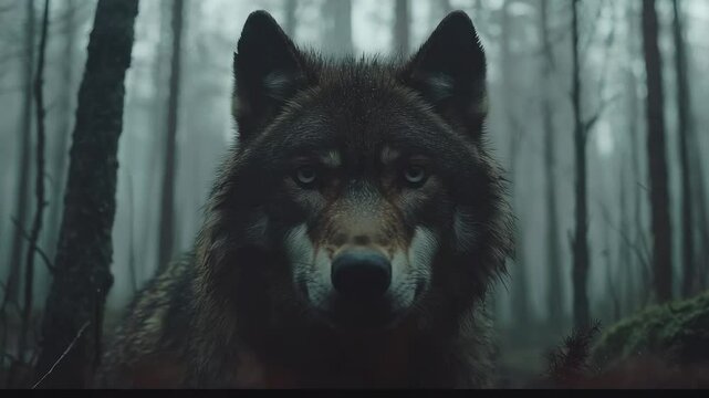 Grey wolf in misty forest.