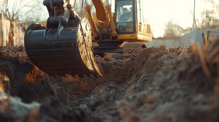 Fototapeta premium Excavator Digging a Trench in Construction Site