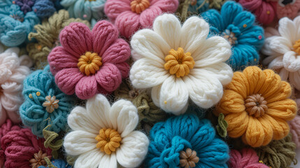 Hand-knitted flowers mixed together.