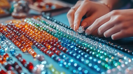 Colorful beaded necklaces close up view of hands arranging vibrant gemstones