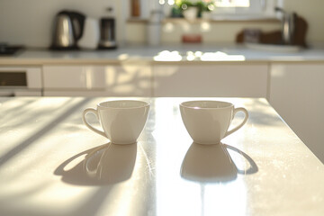  A bright office kitchen with a big table and coffee mugs, a couple of coworkers are discussing a work project while having their coffee