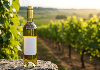Fototapeta premium White wine bottle with blank label set against blurred vineyard background in sunlight