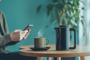 A cozy office corner with a small table and a coffee pot, a coworker is sitting at the table, sipping coffee while scrolling on their phone