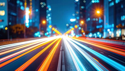 Obraz premium A vibrant cityscape at night, showcasing streaks of colorful lights from moving vehicles, creating a dynamic and lively atmosphere