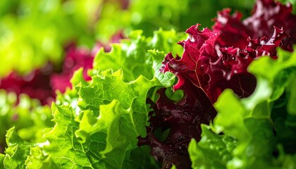 Lush, vibrant lettuce leaves in green and red hues, showcasing fresh, healthy produce with a dewy texture