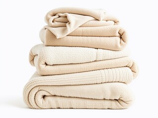 Soft Beige Blanket Stack on White Background