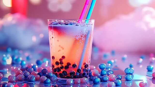 Colorful bubble tea drink with vibrant straws on a reflective surface, surrounded by decorative pearls
