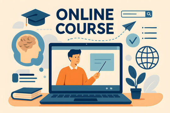 Online Course Learning: Engaging illustration of online education, showing a student teaching an online course on laptop.