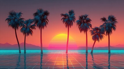 Obraz premium Striking Palm Tree Silhouettes Framed by Neon Blue and Pink Outlines Against a Vaporous Landscape Inspiring Tropical Dreams and Creative Energy